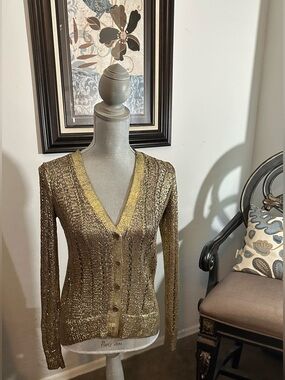 Rare BCBGMaxAzria Reyes Old Gold Metallic Old Gold Foil Button Front Cardigan